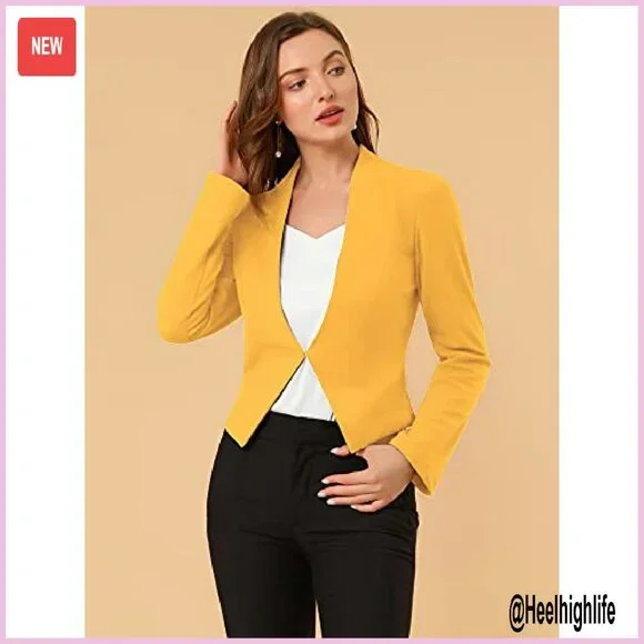 Cropped Blazer Collarless Business Casual Stretch Fabric Work Office